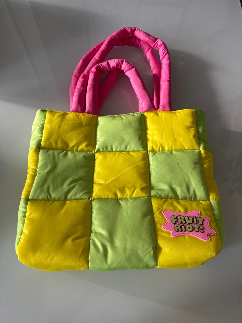Checkerboard Puffer Tote in Yellow, Lime & Pink